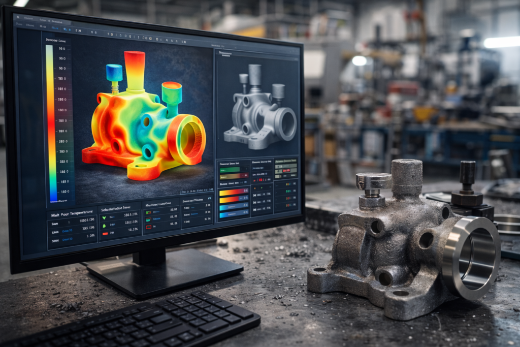 Redução de custo e tempo de usinagem: A vantagem das Peças Fundidas com sobremetal otimizado 2 Simulação de fundição em monitor ao lado de peça bruta em inox sobre bancada de fábrica