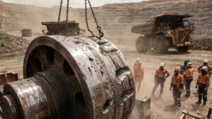 Close de uma peça industrial robusta apresentando sinais severos de desgaste abrasivo em uma mina a céu aberto, com caminhões e equipe ao fundo, ilustrando a importância das ligas especiais da TCInox para evitar paradas.Desgaste abrasivo na mineração e o papel das ligas especiais