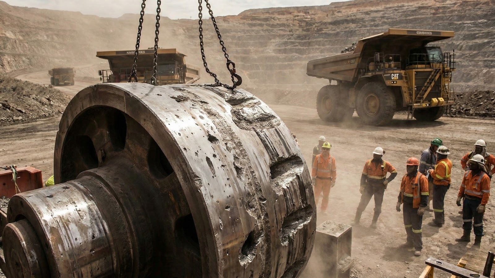 Close de uma peça industrial robusta apresentando sinais severos de desgaste abrasivo em uma mina a céu aberto, com caminhões e equipe ao fundo, ilustrando a importância das ligas especiais da TCInox para evitar paradas.Desgaste abrasivo na mineração e o papel das ligas especiais