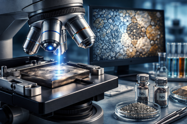 Microscópio analisando microestrutura metálica com grãos refinados em laboratório metalúrgico.