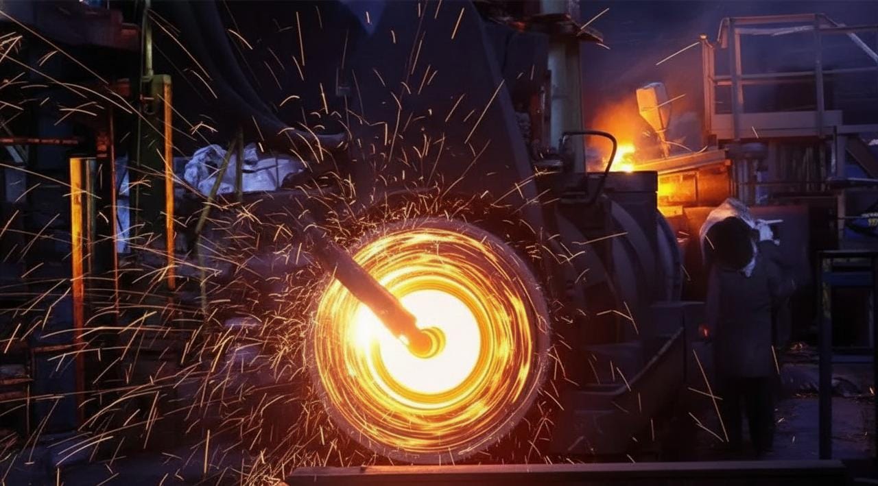 Processo de fundição centrifugada com metal incandescente em alta rotação, destacando a força e precisão industrial.