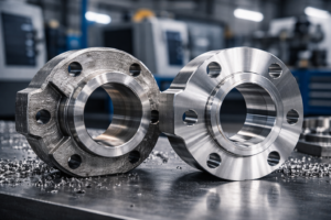 Peça fundida bruta ao lado de peça usinada em inox com acabamento CNC de alta precisão