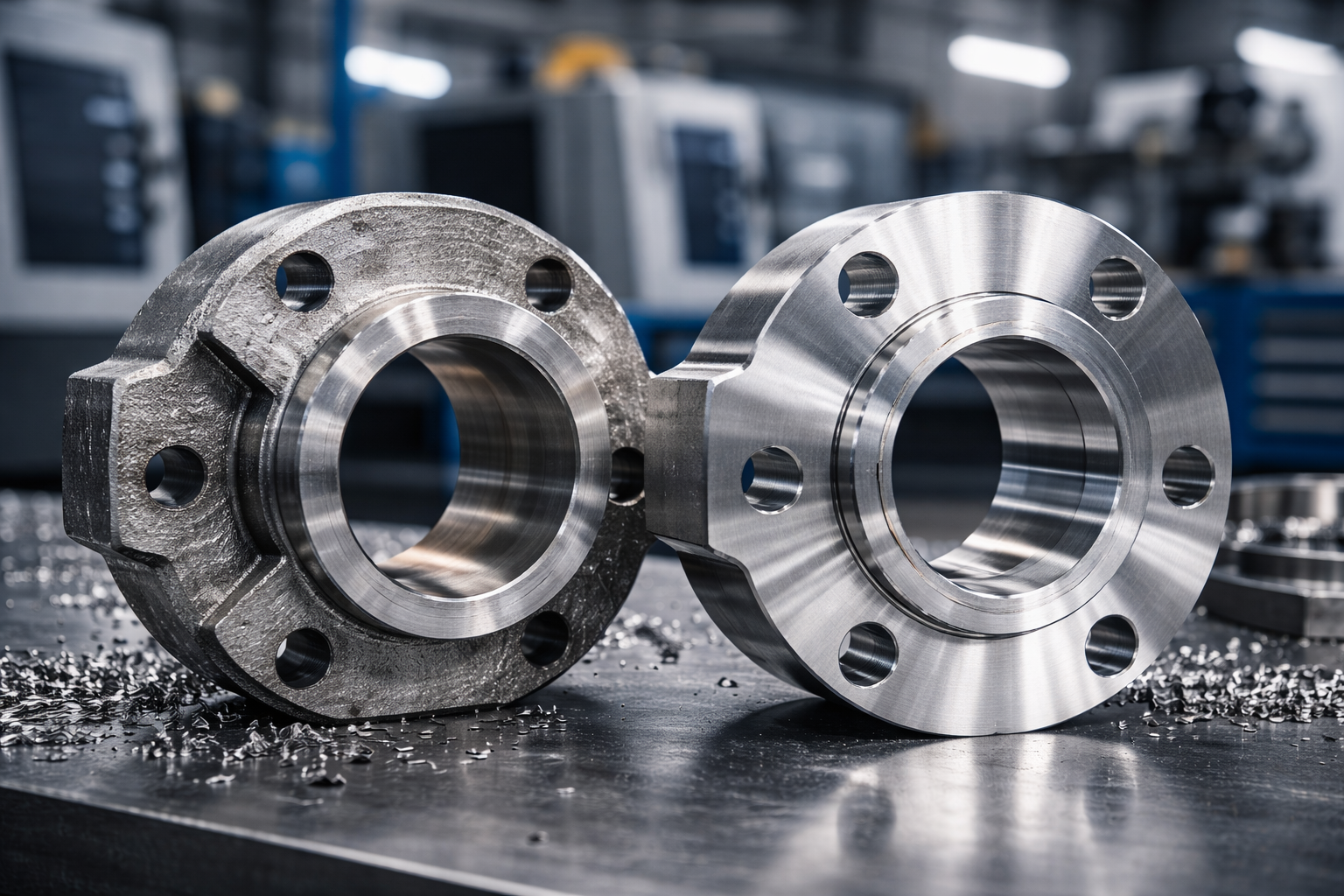 Peça fundida bruta ao lado de peça usinada em inox com acabamento CNC de alta precisão