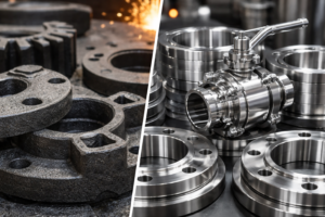 Comparação entre peças de ferro fundido com acabamento bruto e componentes em aço inox polido em ambiente industrial, destacando resistência e qualidade em soluções metalúrgicas.