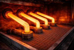 Tubos radiantes incandescentes em forno industrial de alta temperatura, destacando eficiência térmica e engenharia metalúrgica avançada da TCINOX.