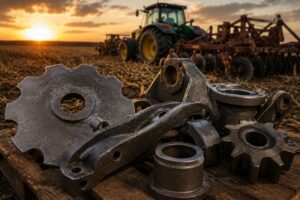 Peças agrícolas fundidas em primeiro plano com trator ao fundo na lavoura, destacando a qualidade e a durabilidade das soluções em fundição desenvolvidas pela TCINOX