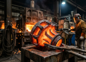 Uma peça de fundição incandescente, recém-saída do forno, é segurada por uma pinça industrial em primeiro plano, em uma fábrica da TCINOX. No fundo, há um operador em seu ambiente de trabalho.