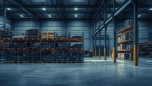 Galpão industrial moderno para fundição de aço. Interior organizado com prateleiras repletas de materiais e maquinário metalúrgico de ponta sob iluminação azulada