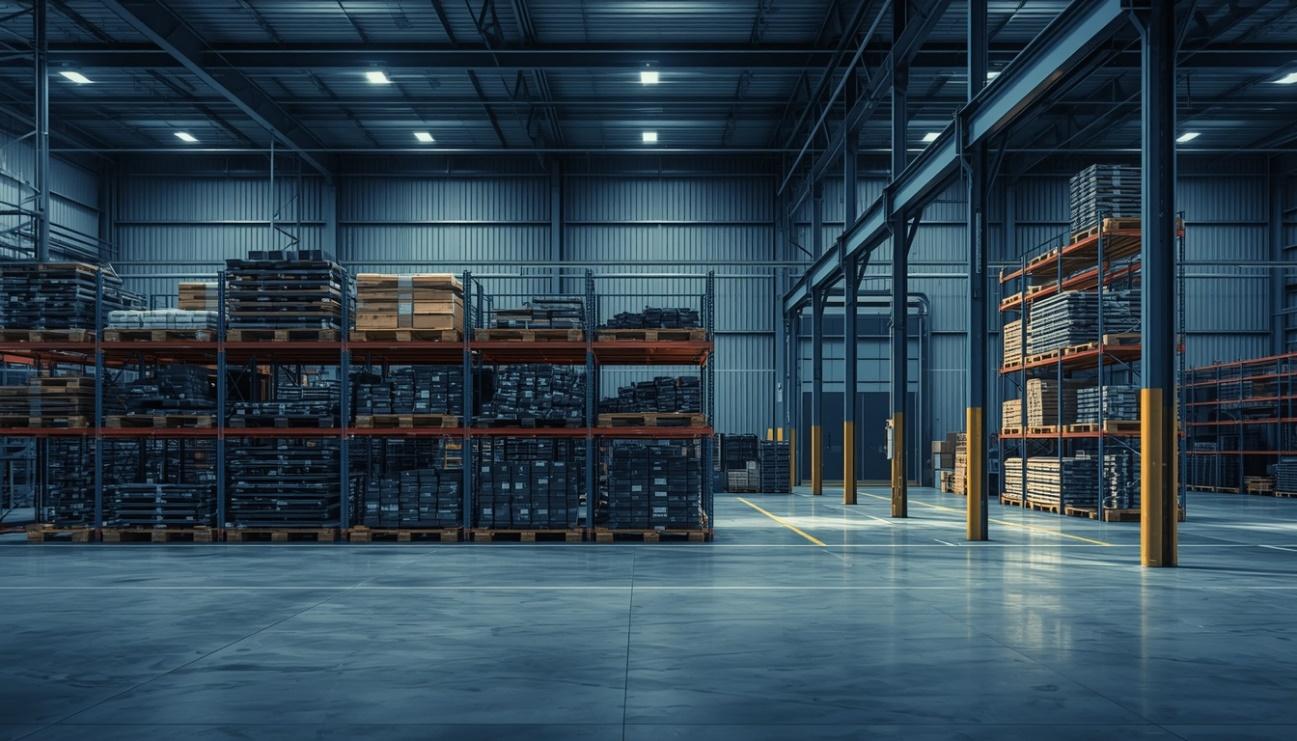 Galpão industrial moderno para fundição de aço. Interior organizado com prateleiras repletas de materiais e maquinário metalúrgico de ponta sob iluminação azulada