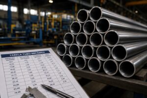 Tubos mecânicos de aço ao lado de tabela técnica e paquímetro em ambiente industrial, ilustrando a escolha de medidas com precisão e a qualidade da TCINOX