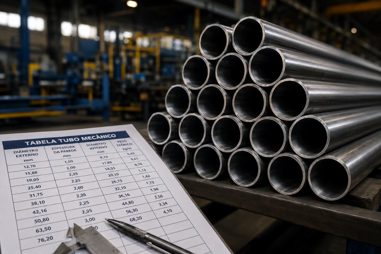 Tubos mecânicos de aço ao lado de tabela técnica e paquímetro em ambiente industrial, ilustrando a escolha de medidas com precisão e a qualidade da TCINOX