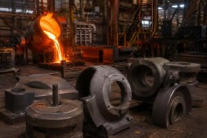 Peças fundidas TCINOX em primeiro plano. Ao fundo, derramamento de metal incandescente. Processo de fundição de precisão para peças mecânicas de alta resistência
