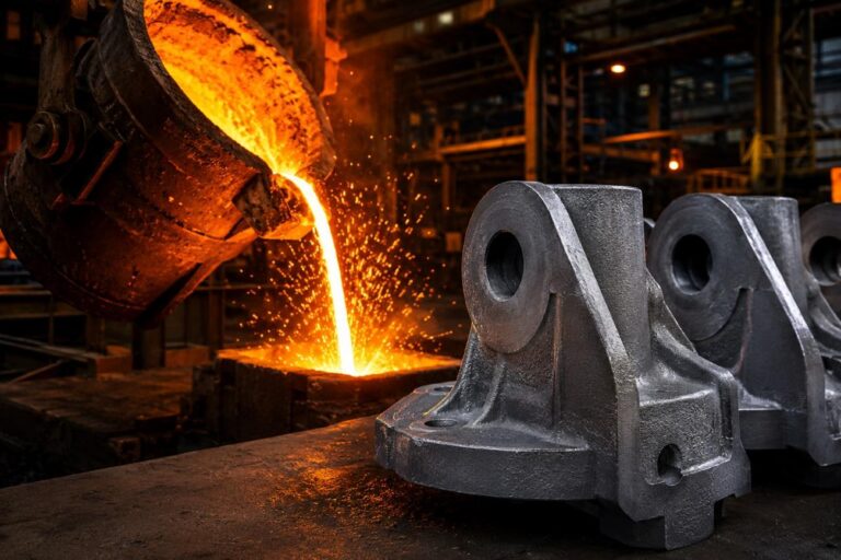 Fundição de aço manganês da TCINOX com metal líquido sendo vazado em molde industrial e peças fundidas de alta resistência para aplicações de desgaste e impacto