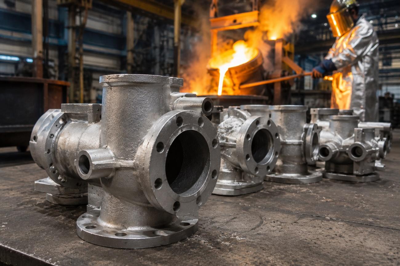Fundição de precisão na TCINOX: peças industriais fundidas em destaque com metal fundente ao fundo