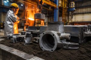 Peças fundidas em aço sobre molde de areia em fundição industrial, com metal líquido ao fundo. TCINOX produz componentes com qualidade e precisão para a indústria.