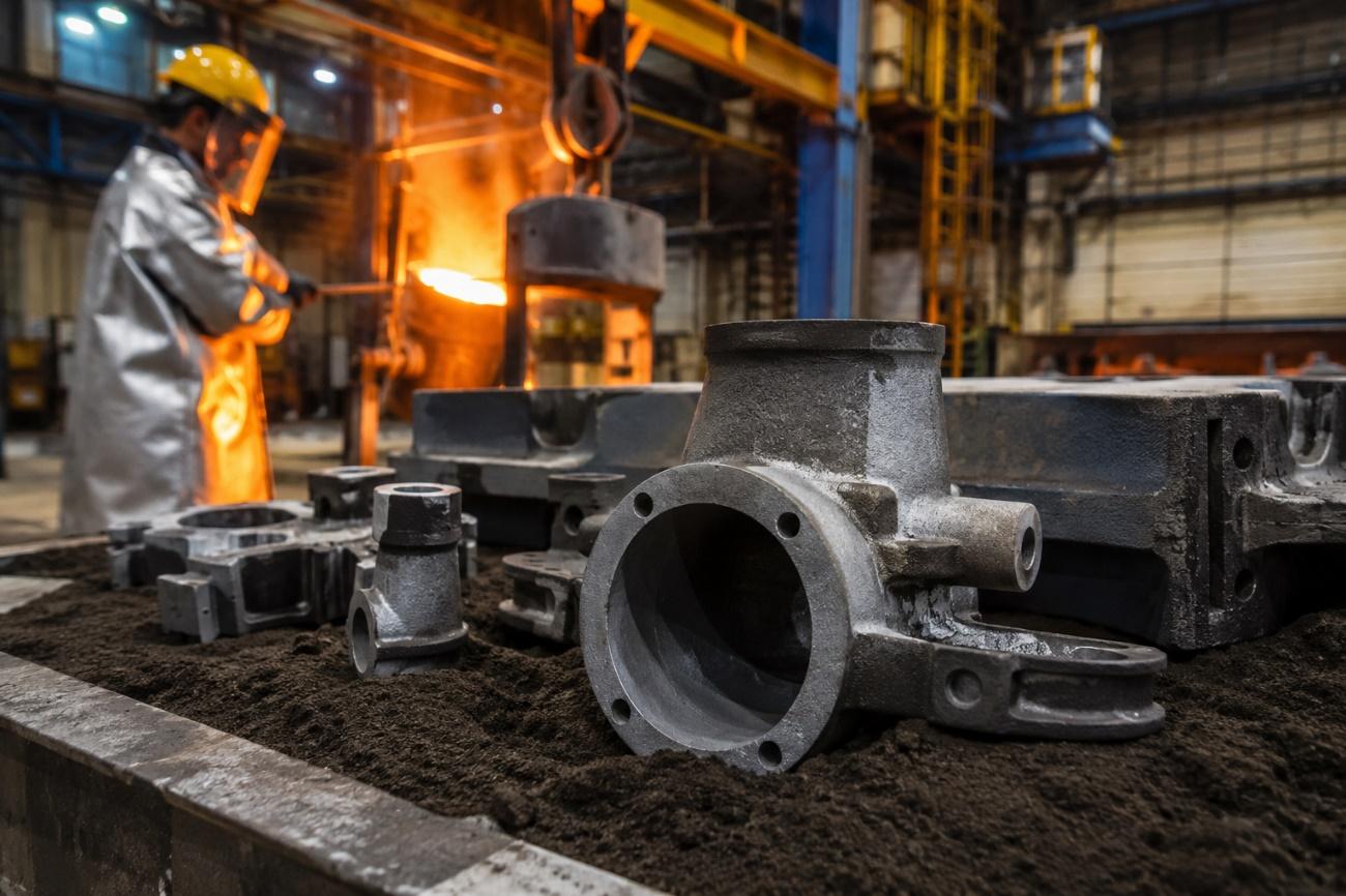 Peças fundidas em aço sobre molde de areia em fundição industrial, com metal líquido ao fundo. TCINOX produz componentes com qualidade e precisão para a indústria.