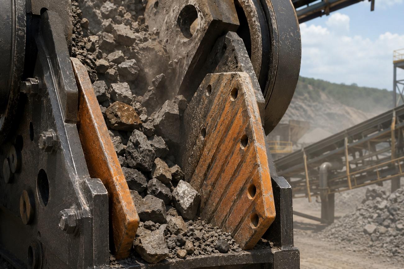 Equipamentos de britagem em operação com peças de desgaste para britadores fabricadas pela TCINOX, destacando resistência, qualidade e aplicação na mineração